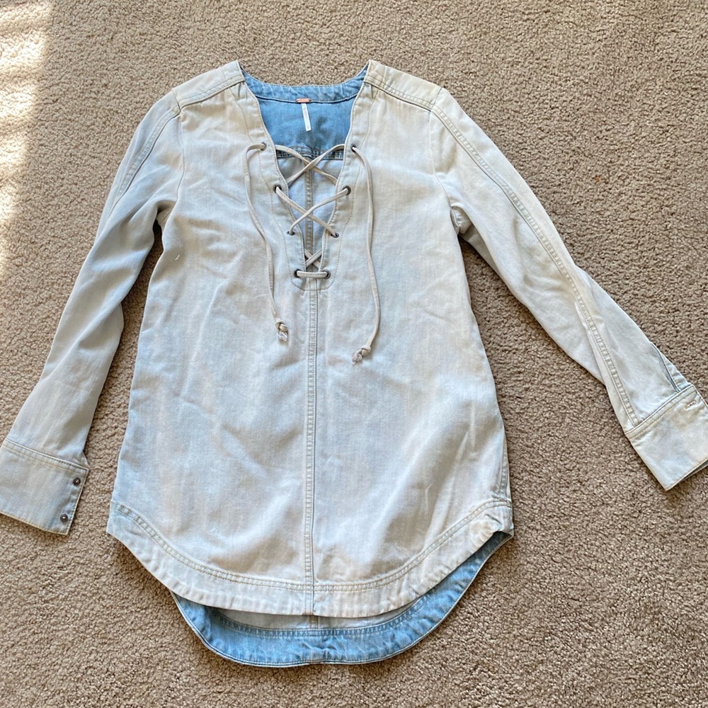 Free People Denim Tie Up Tunic Top